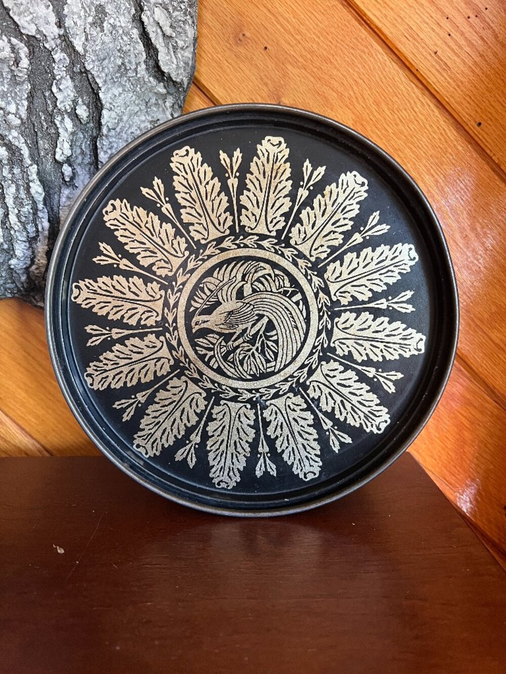 Vintage Guildcraft black and gold embossed footed tin container